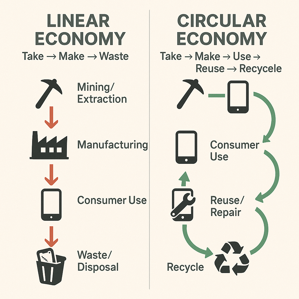 alt="Infographic comparing linear economy with red arrows showing mining, manufacturing, consumer use, and disposal, versus circular economy with green arrows showing mining, consumer use, reuse and repair, and recycling in a smartphone lifecycle.