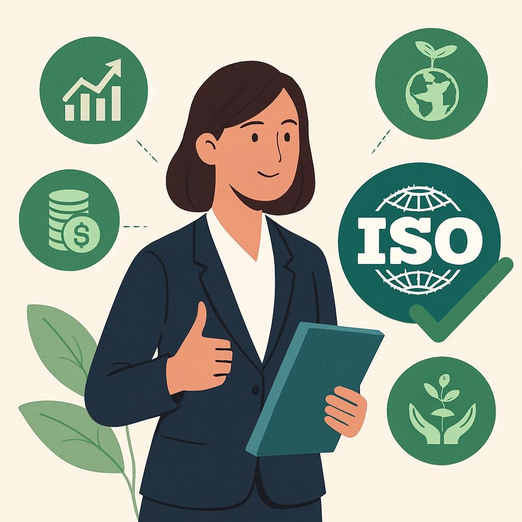 Business illustration showing ISO sustainability 2025 with global standards, growth, and eco-friendly icons