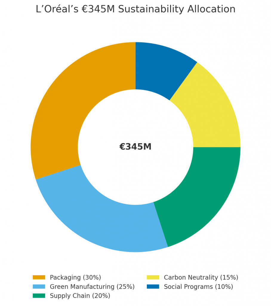 Donut chart showing L’Oréal €345M sustainability investment allocation across packaging, green manufacturing, supply chain, carbon neutrality, and social programs in 2025